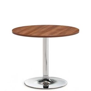 Circular wooden coffee table with chrome base