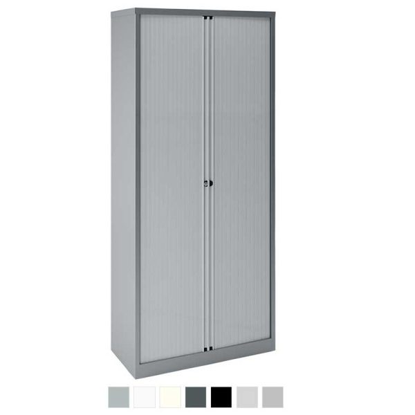 Tall grey storage cabinet