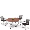 Trapezium portable meeting tables with 3 black chairs