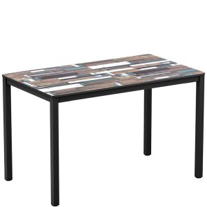 Rectangular table with black legs and driftwood effect top
