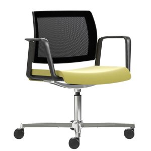 Swivel chair with pale green seat and black mesh back