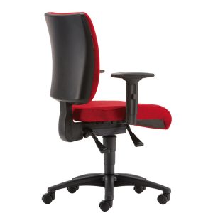 Red padded office chair with black base