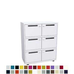 White storage unit with 6 doors, each with a postal slot