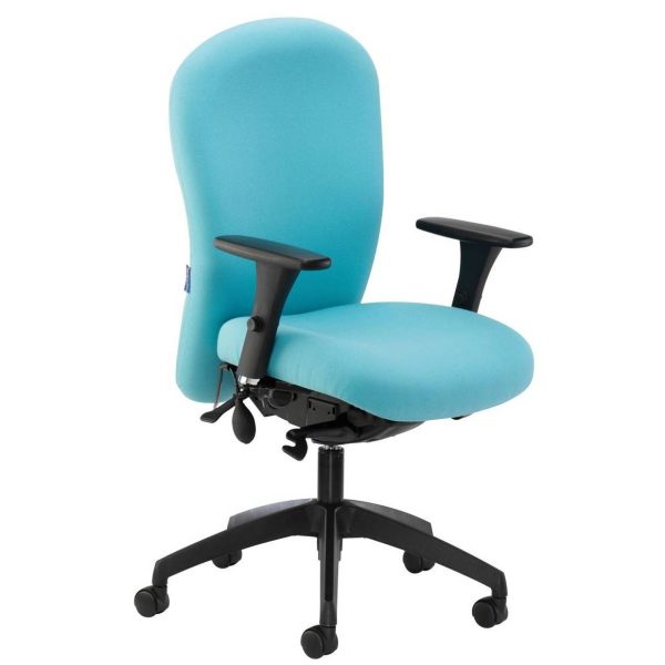 Blue desk chair with black arms