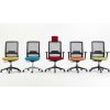 Five office chairs with different coloured seats - yellow, blue, red, orange, green
