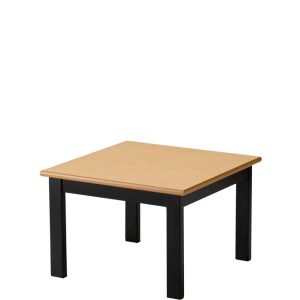 Square coffee table with wooden top and black legs