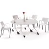 White flip-top tables with white chairs