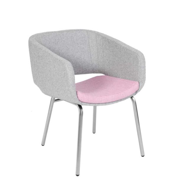 Breakout chair with pale pink cushioned seat and pale grey back and sides