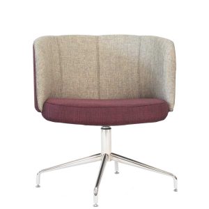 Swivel chair with cushioned maroon seat and beige back