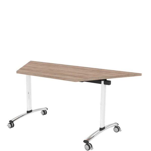 Flip top trapezium table with wooden top and chrome legs