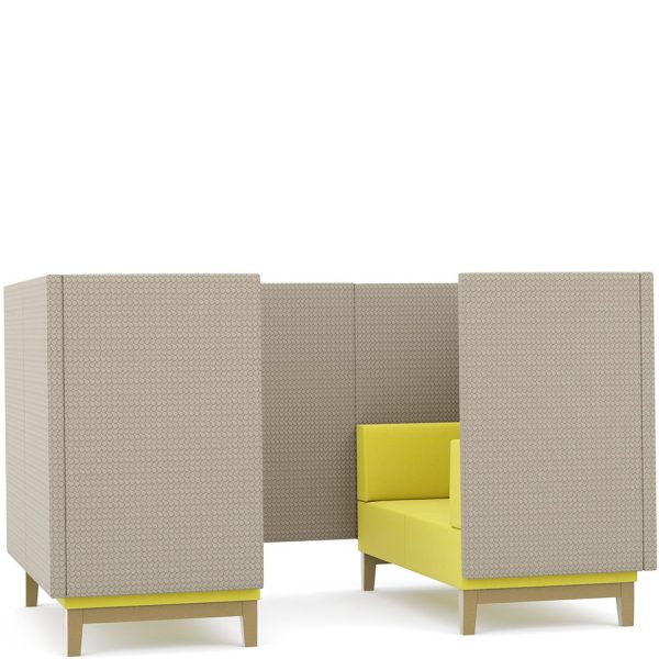 Booth seating with yellow chairs and grey partition walls