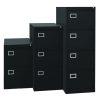 3 black filing cabinets in differing heights