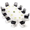 Overhead view of black office chairs around a large white meeting table