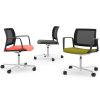 Three swivel chairs with different coloured seats, all with black mesh back