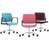 Three swivel chairs - one blue, one pink, one maroon