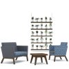 Square wooden table, dark blue sofa and blue geometric patterned armchair