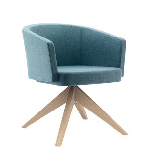 Blue-grey padded chair with wooden legs