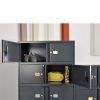 Black locker storage, some with doors open to show internal storage